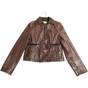 Vintage Max Azria Collection Runway Leather Jacket Biker Aviator Zip Brown Y2k